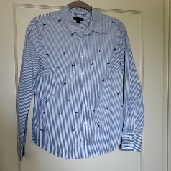 J Crew Collection Blue Striped Shirt with Embroidered Accents - Picture 2 of 6